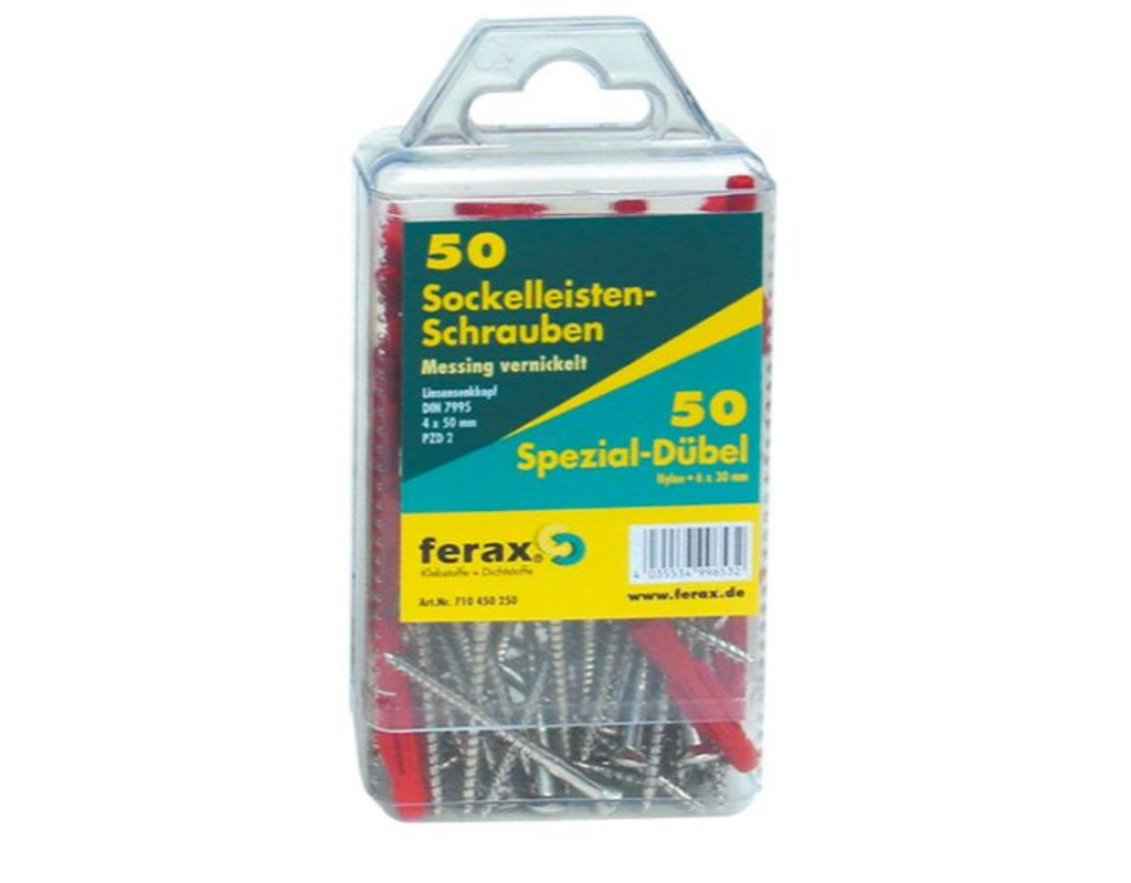 Sockelleistenschrauben-Set 4 x 50 mm 50 Stück Linsensenkkopf, Messing vernickelt