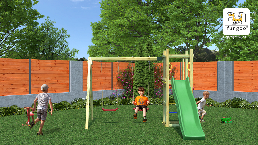 Fungoo Spielplatz Funny 3 mit 2 Schaukeln / kdi imprägniert mit Rutsche