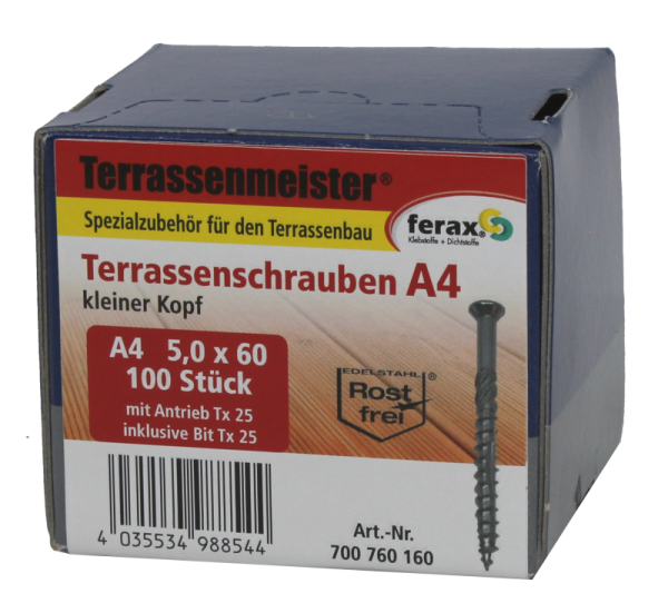 Ferax Terrassenschraube Edelstahl A4 5,0 x 60 mm, 100 Stück