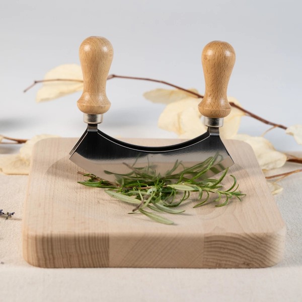Wiegemesser für Kräuter Doppelklinge Buchenholz 14 cm