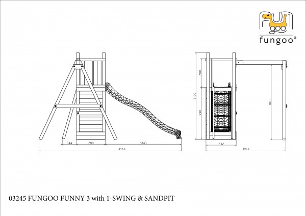 Fungoo Spielplatz Funny 3 mit Sandkasten und 1 Schaukel / kdi imprägniert mit Rutsche