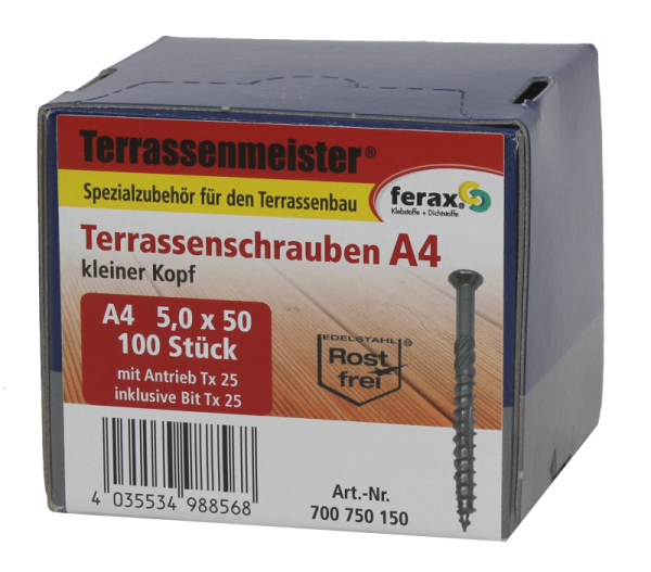 Ferax Terrassenschraube Edelstahl A4 5,0 x 50 mm, 100 Stück