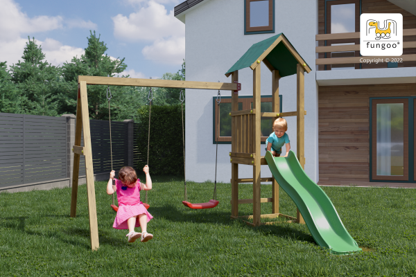Fungoo Lucas Mini Spielplatz mit 2 Schaukeln und Rutsche 1,75 mtr grün / imprägniert