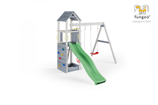 Fungoo Flappi Grau & Weiss lasiert, Rutsche in grün
