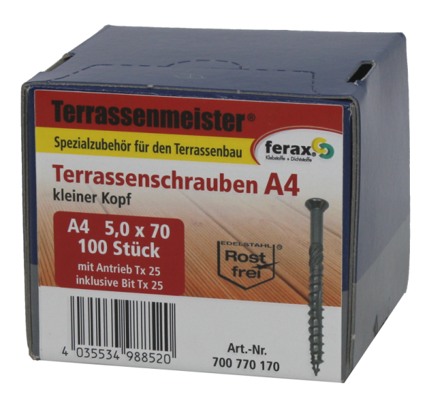 Ferax Terrassenschraube Edelstahl A4 5,0 x 70 mm, 100 Stück