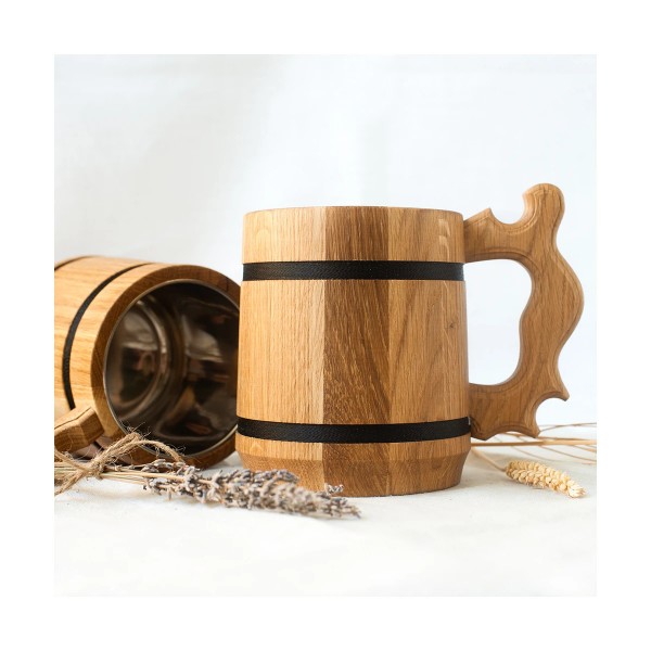 Bierkrug Eichenholz & Edelstahl 0,5 Liter