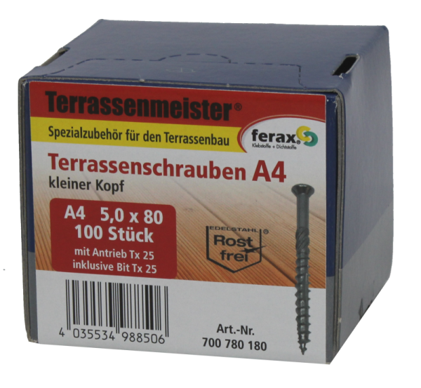 Ferax Terrassenschraube Edelstahl A4 5,0 x 80 mm, 100 Stück