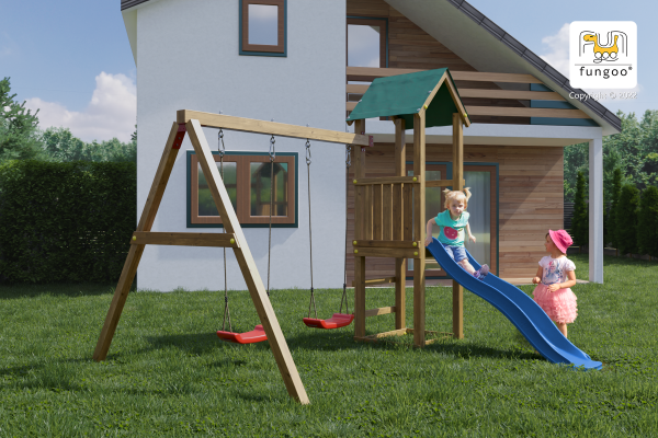 Fungoo Lucas Mini Spielplatz mit 2 Schaukeln und Rutsche 1,75 mtr grün / imprägniert