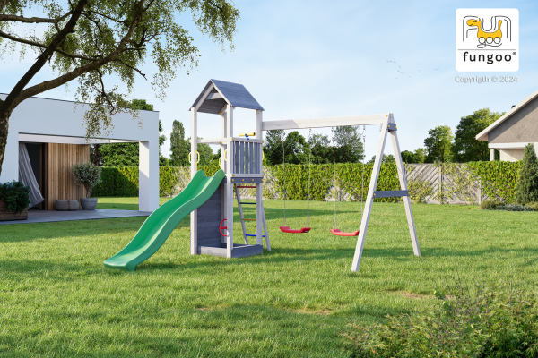 Fungoo Flappi Grau & Weiss lasiert, Rutsche in grün